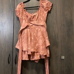 Thirty Thirty LA Dusty Rose Floral Jacquard Tiered Ruffle Romper Small Pink